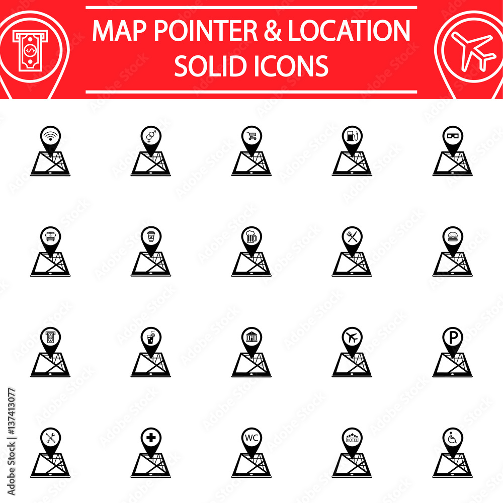 Poster map pointer solid pictograms package, location symbols collection, mobile gps services vector sketch