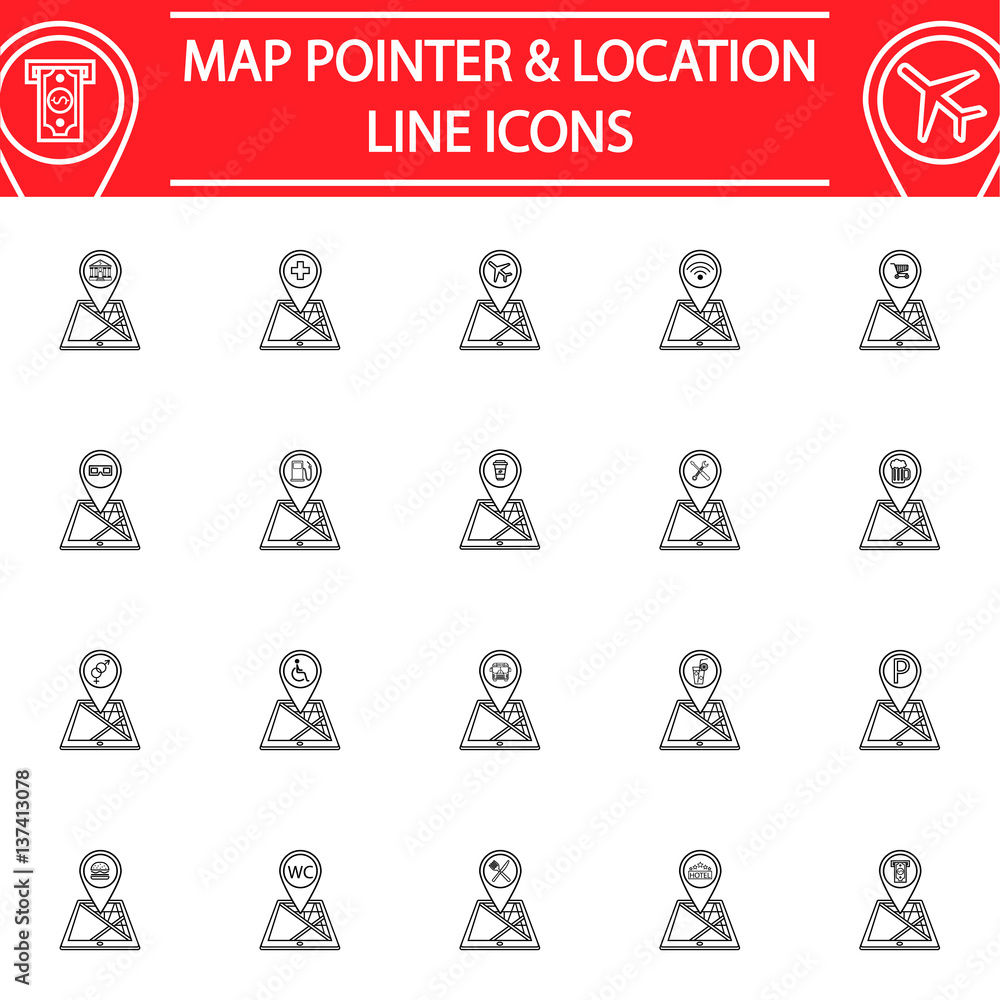 Poster map pointer line pictograms package, location symbols collection, mobile gps services vector sketche