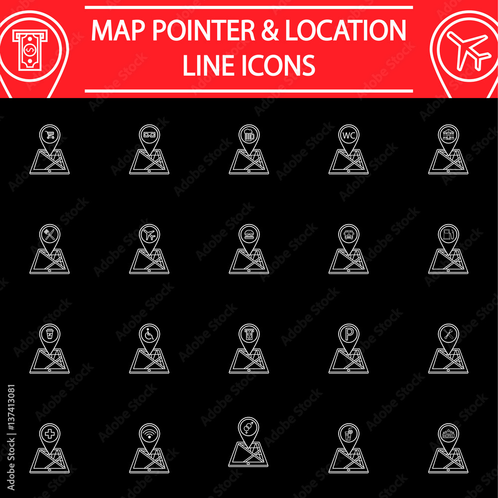 Aufkleber map pointer line pictograms package, location symbols collection, mobile gps services vector sketche