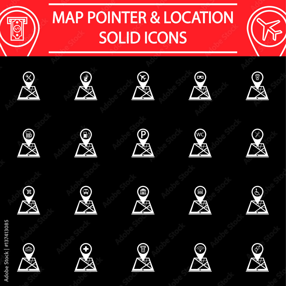 Poster map pointer solid pictograms package, location symbols collection, mobile gps services vector sketch