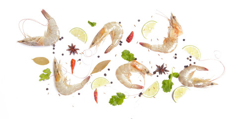 Prawns, lime pieces, parsley and other condiments