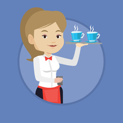 Waitress holding tray with cups of coffeee or tea.