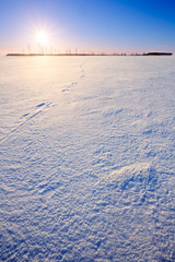 Sunset over a smooth field with snow
