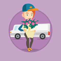 Delivery courier holding bouquet of flowers.
