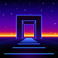 Neon 80s styled massive gate in retro game landscape with shiny road to the future