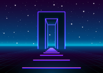 Neon 80s styled massive gate in retro game landscape with shiny road to the future