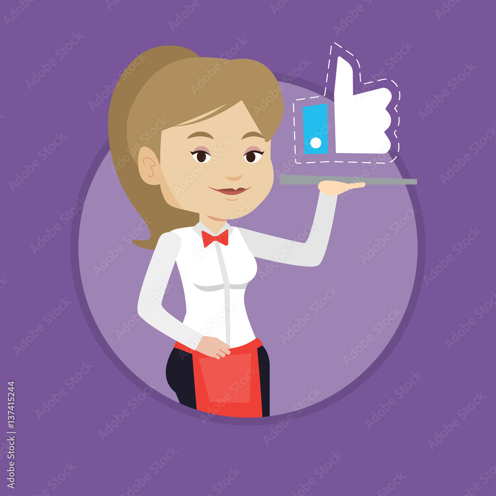 Poster waitress with like button vector illustration.