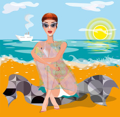 vector illustration with a beautiful fashion woman with short hair and sunglasses sitting on the beach of the sea