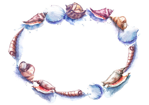 Watercolor illustration, card, invitation - set with different pattern variations of seashells, snails. With a place for inscriptions.