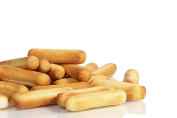 salty bread sticks on white background