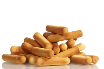 salty bread sticks on white background
