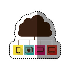 sticker cloud storage in cumulus shape connected to tech device vector illustration