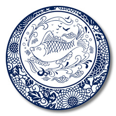 Chinese Traditional Blue And White Porcelain, Fish And Water