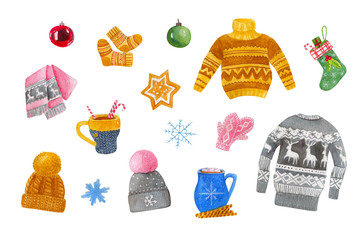 Winter warm and cozy stuff, includes sweater, christmas ball, christmas sock, cocoa, coffee, ginger biscuit, knitted cap, snowflake, scarf, mittens