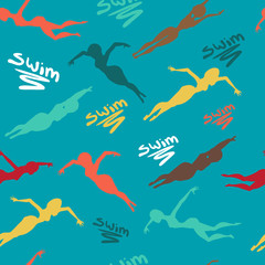 Seamless textile pattern of the silhouettes women swims in the pool. Vector flat cartoon background