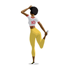 Afro woman doing gymnastic exercises. Girl in sportswear doing stretching leg. Back view. Flat cartoon isolated vector illustration