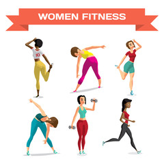 Set of women involved in sports in sportswear. Stretching the back, abdominals, jogging, working with dumbbells. Flat cartoon isolated vector illustration