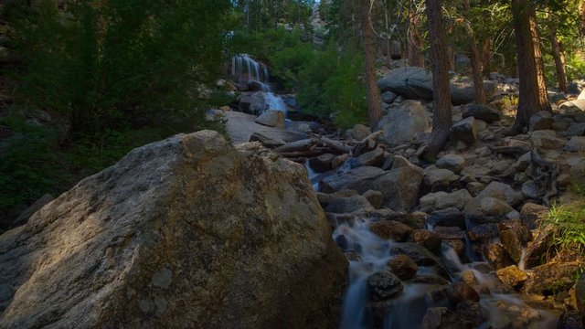 MoCo Timelapse of Alpine Waterfalls in Morning Sun -Zoom In-