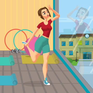 Woman doing gymnastic exercises in the gym. Girl in sportswear doing stretching leg. Flat cartoon vector illustration