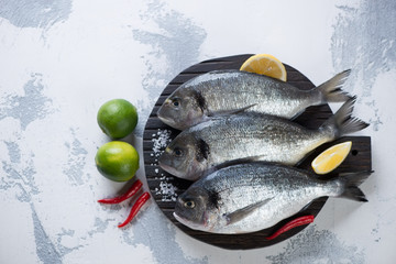 Raw fresh dorado fish on a white concrete background, above view