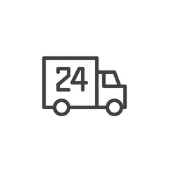 24 hours delivery truck line icon, outline vector sign, linear style pictogram isolated on white. Symbol, logo illustration