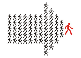 The crowd of workers follows the team leader