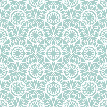 Rising Sun Seamless Pattern. Stylish Textile Print With Lacy Design. Mint Ethnic Fabric Background.