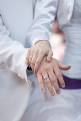 Bride and groom, wedding rings and hands