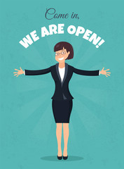 Smiling young woman standing full length with her arms stretched out giving a big hug. We are open. Grand opening concept