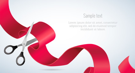 Grand opening concept. Scissors cut the ribbon. Grand opening card with red ribbon and silver scissors. Vector illustration - obrazy, fototapety, plakaty