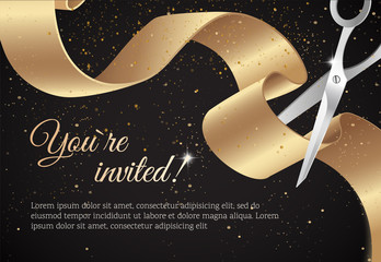 You are invited invitation card with curving ribbon and sparkling background. Grand opening concept. Vector illustration - obrazy, fototapety, plakaty