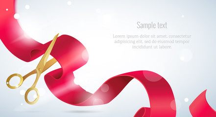 Grand opening concept. Scissors cut the ribbon. Grand opening card with red ribbon, gold scissors bokeh background. Vector illustration - obrazy, fototapety, plakaty