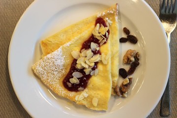 pancake, sweet pancakes, crepes, pancakes with chocolate syrup, caramel syrup 