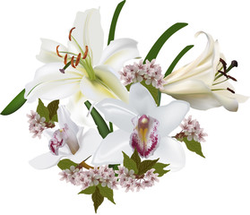 bunch with large orchid and lily flowers isolated on white