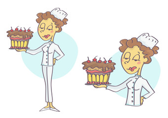 Woman pastry chef holding a cake with chocolate topping and cherries.