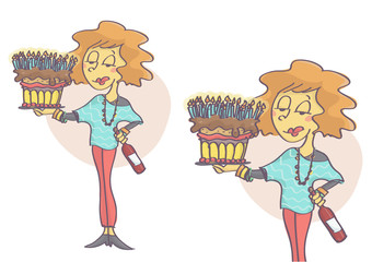 Woman holding a birthday cake with lot of candles and red wine bottle.