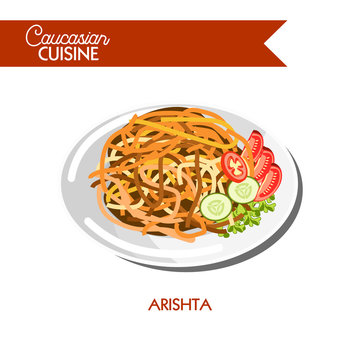 Arishta noodle Caucasian cuisine vector flat icon