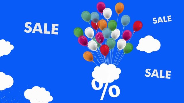 Sale percent with colored balloons in the sky with clouds