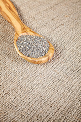 Close up of Chia seeds in a wooden spoon, space for text.
