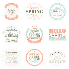 Spring vintage typographic badges. Vector illustration. Hello Spring. Greeting card design