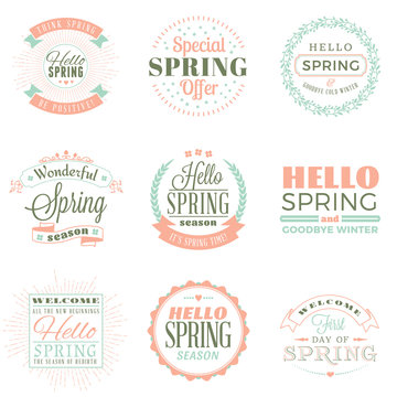 Spring vintage typographic badges. Vector illustration. Hello Spring. Greeting card design