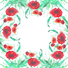 Watercolor floral frame with red poppies.