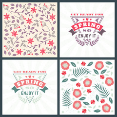 Spring holiday greeting card design. Vector floral greetings card or poster. Romantic labels with flowers pattern