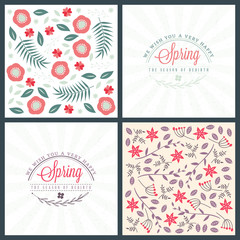 Spring holiday greeting card design. Vector floral greetings card or poster. Romantic labels with flowers pattern