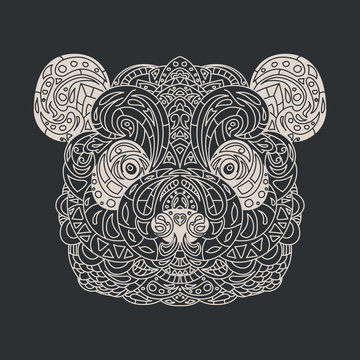 Vintage vector panda head with tribal ornaments. Traditional ethnic background, tattoo, African, Indian, Thai, spirituality, boho design. For print, posters, t-shirts, textiles, coloring book.