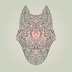 Vintage vector wolf or dog head with tribal ornaments. Traditional ethnic background, tattoo, African, Indian, Thai, Aztec, boho design. For print, posters, t-shirts, textiles, coloring book.