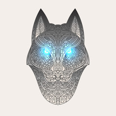 Vintage vector wolf or dog head with tribal ornaments. Traditional ethnic background, tattoo, African, Indian, Thai, Aztec, boho design. For print, posters, t-shirts, textiles, coloring book.