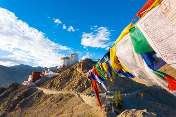 Zelfklevend Fotobehang Leh Tsemo Fort Gompa Prayer Flags View Ladakh © Pius Lee