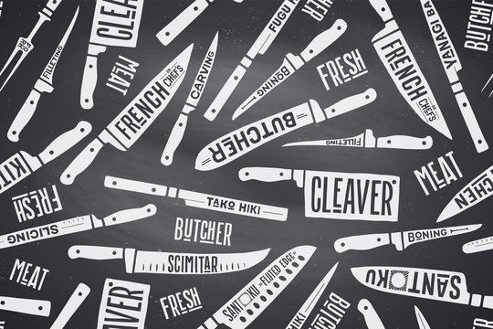 Seamless pattern and background of Meat and Fish cutting knives. Creative graphic pattern with hand drawn illustrations for butcher shop, farmer market. Vintage typographic. Vector illustration
