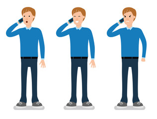 Cartoon character. The young man, student talking on the phone in different emotions. Surprise, joy, anger. Flat vector illustration